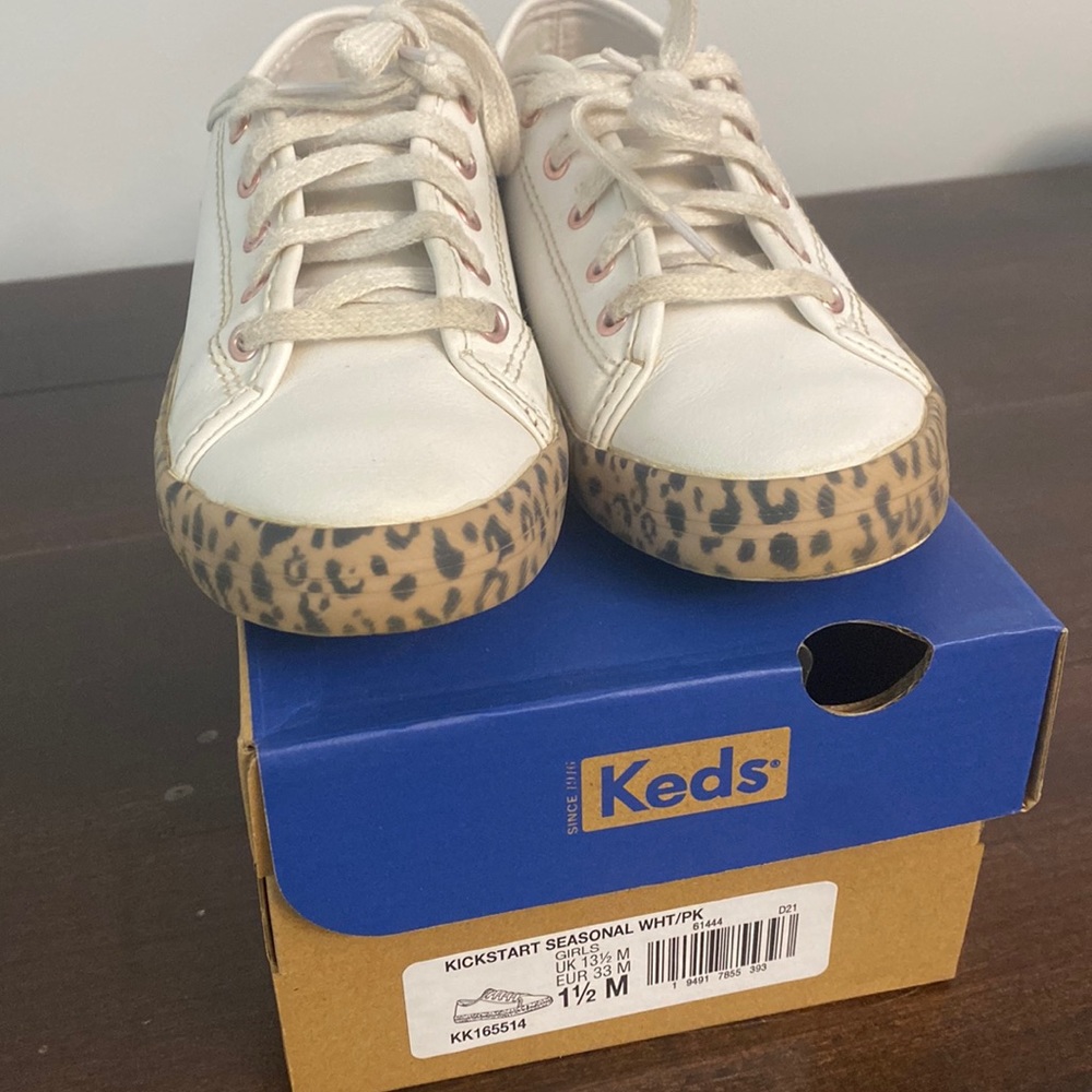 Girls, Keds shoes, size 1 1/2 M, kickstart white/cheetah print